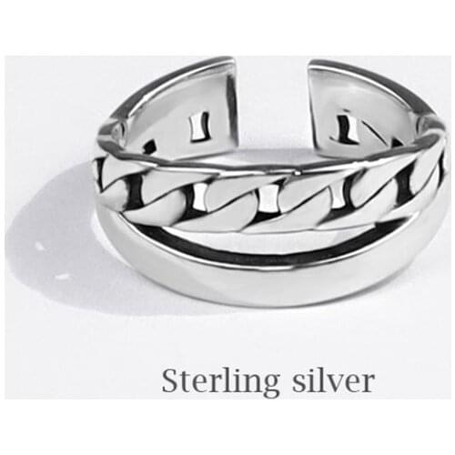 Season Gate 925 Sterling Silver Personality Retro Punk Hollow Link Chain Wave Weaving Adjustable Size Open Ring SR089