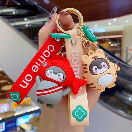 1 Pcs Kawaii Animal Penguin PVC Keychains Fish Tiger Head Penguin Women Couple Bag Ornaments Pendant Keyring Figure Toys Gifts