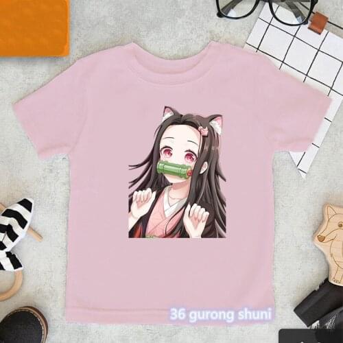 2021 Pink Shirts Demon Slayer T Shirt аниме Anime Clothes Girls T-shirt Kawaii Cartoon Print Kids Clothes Harajuku Tee Top