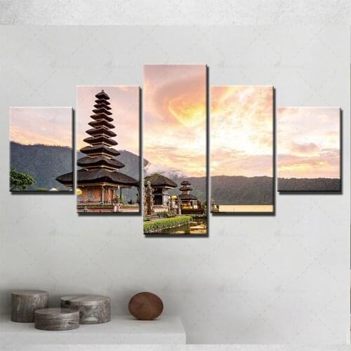 Hd Home Decoration Canvas Pink Clouds Painting Pagoda Pictures Wall Art Prints Modular Modern Frame Poster For 5 Set Living Room