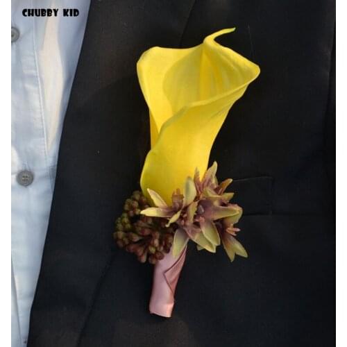 5pcs/lot ! wholesale high simulation artificial large PU Calla Lily groom groomsmen corsages Wedding Flower Brooch Boutonnieres