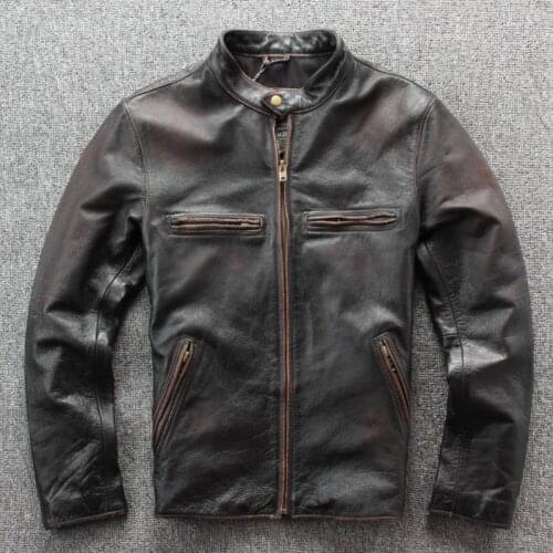 Free shipping.wholesales.man genuine jacket.vintage brown 100% leather coat.mens cowhide motor biker jackets.cool