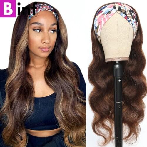 Ombre Honey Blonde Highlight Color Body Wave Headband Wig Human Hair Wigs For Black Women Brazilian Glueless Scarf Wig Remy Hair