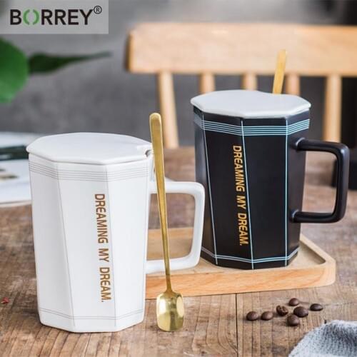 BORREY Chinese Porcelain Tea Cup Coffee Mug Creative Ceramic Mug With Lid Spoon Office Drinking Cup Black White Mug Tea Milk Cup