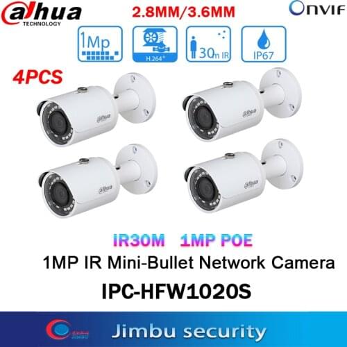 Dahua 1MP POE Camera IPC-HFW1020S 4Pcs/lot H.264 Mini-Bullet Network IP67 IR30M 2.8 mm fixed lens ay/Night(ICR) 3DNR 25/30fps