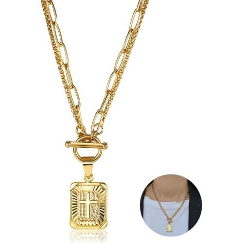Double Layered Necklace for Women Gold Color Rectangle Cross Pendant Paperclip Cable Box Chain Stylish Jewelry 18inch LDN245