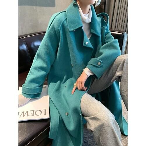 Double sided cashmere coat womens 2021 autumn winter new long loose lace double-sided tweed coat casual tweed coat