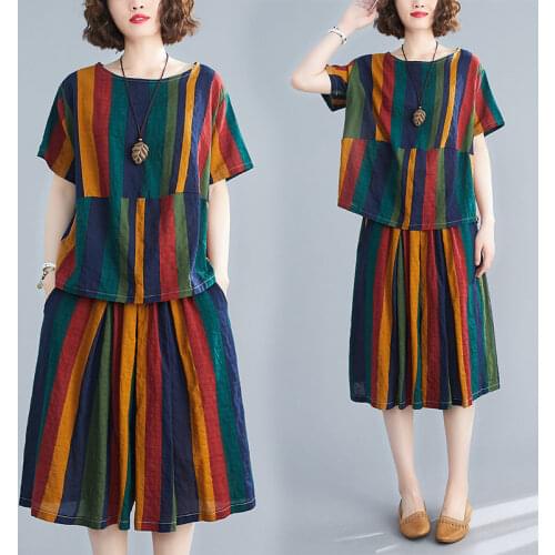 2021 Middle-aged Womens Suit Vintage Fashion Striped T-shirt Tops & Casual Wide Leg Pants Suits Mother Summer 2 Piece Sets L522