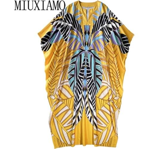 MIUXIMAO 2021 Bohemian Plus Size Dress V-neck Sleeve Maxi Dress Women Silk Floor Length Green Tree Beach Kaftan Dress