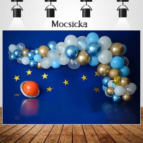 MOCSIKA Astronaut Space Cake Smash Backdrops for Photography Balloon Stars Decor Boy Birthday Photocall Background Photo Studio