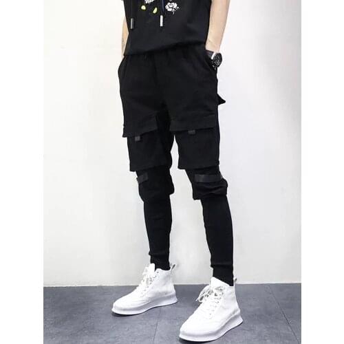 Free Shipping Mens Male Fashion Black Trendy Hip-hop Style Multi-pocket Decoration Stitching Two Sections Harem Pants Trousers
