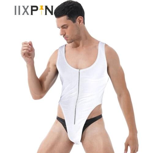 Mens Solid Color Bodysuit Sleeveless Zipper Front Catsuit Fitness Exercise Sportswear High Cut Casual U Neck Leotard Jumpsuits