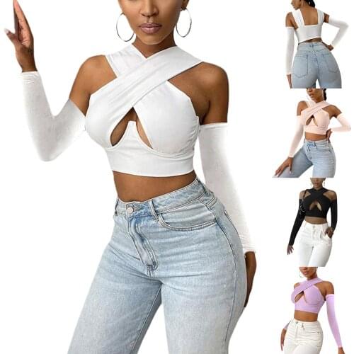 New Sexy Woman Crop Tops Solid Color Cross Hole Bandage Bodycon Tank with Sleeves Clubwear Fashion Women Clothes