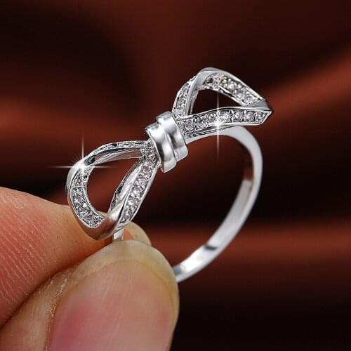 Charming Bowknot Crystal Stone Ring Female Vintage Silver Color Thin Engagement Ring Dainty White Zircon Wedding Rings For Women