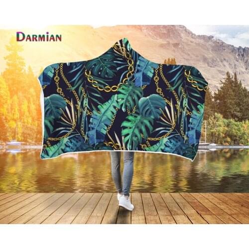 DARMIAN Hawaiian Style Tropical Leaf Printed Hooded Blankets Adults Women Men Sherpa Fleece Wearable Blanket Microfiber Bedding