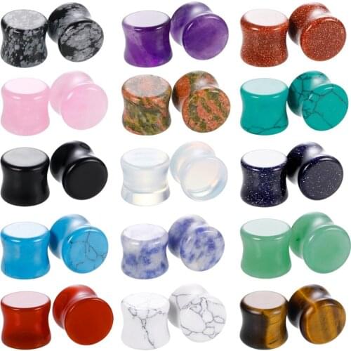 Pair of Stone Ear Gauge Plugs Double Flare Saddle Stretching Gauges Expander Piercing Jewelry