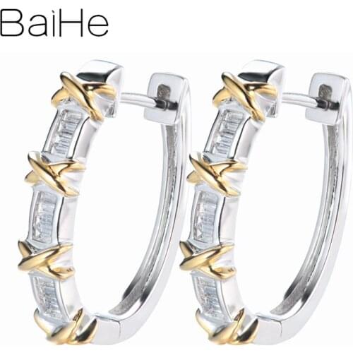 BAIHE Solid 14K White+Yellow Gold H/SI 0.22ct Square Natural Diamonds Wedding Trendy Fine Jewelry Stud Earrings for Women