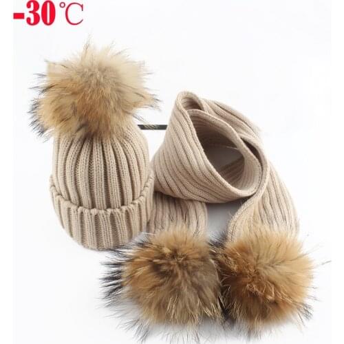 5-10 age Winter Hat For Children 2 Pieces Set Kids Thick Knitted Hat Scarf Set 15cm Real Fur Pompom Beanie Cap