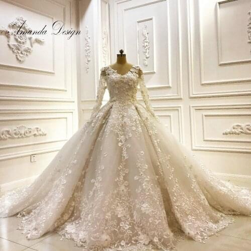 Amanda Design vestidos de novia Long Sleeve Lace Applique Flowers Wedding Dress for Bride