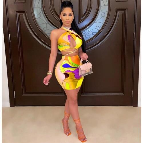 Wsevypo Sexy Printed Two Pieces Skirts Sets Women Suits Summer Cut Out Halter Neck Crop Tube Tops+Mini Skirts Party Clubwear