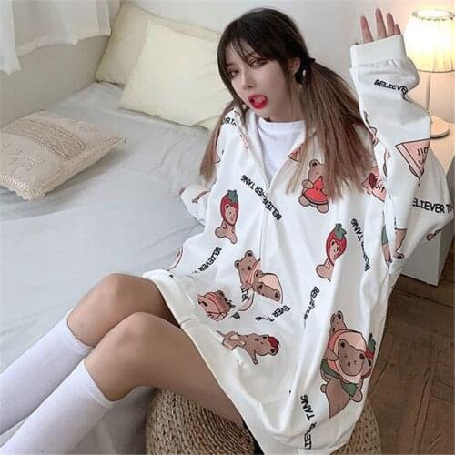 Kawaii Bear Hoodie Women Harajuku Printed Hoodie For Girl Funny Hip Hop Winter Tops Autumn Spring Cool Jacket Streetwear Females