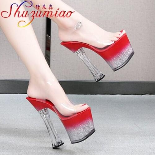 Shuzumiao Clear Shoes Women Platform Sandals Mujer 2021 New Sexy Square Heel Buckle High Heels 17cm Bling Female Pole Dance Shoe