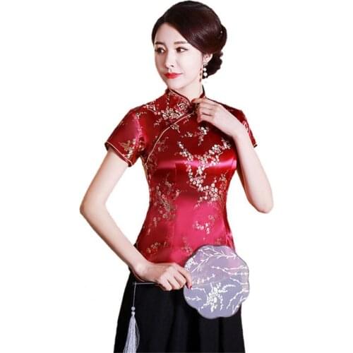 Women Cheongsam blusas Shirt Chinese Style Plum Print Summer Autumn Exquisite Buckles Stand Collar Cheongsam Top for Wedding
