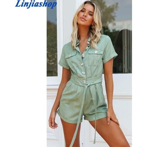 Vintage Solid Safari Style Overalls Women Cotton Lapel Collar Pockets Sashes Casual Jumpsuit Short Romper Summer Mono Mujer
