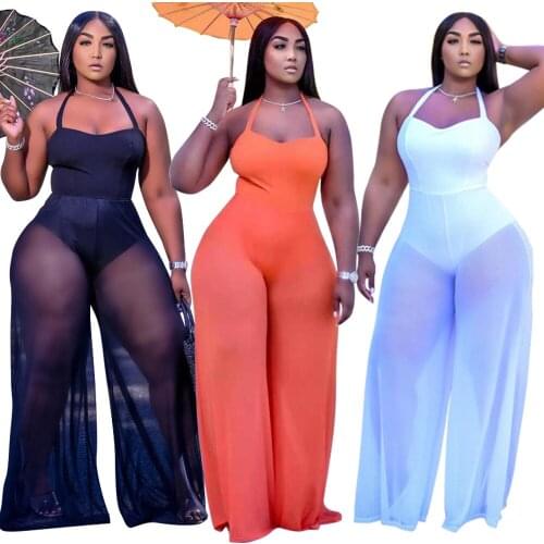 BKLD Sexy Club Outfits Solid Color Spaghetti Strap Halter Bandage Wide Leg Jumpsuit Casual Summer Clothes For Women 2021