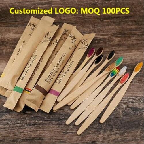 100Pcs Eco Friendly Bamboo Resuable Toothbrushes Portable Adult Wooden Soft Tooth Brush Customized Laser Engraving Logo