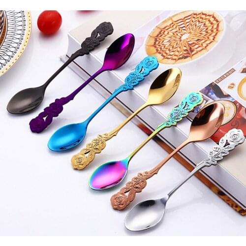 1Pcs Stainless Steel Rose Flower Spoon Creative Milk Coffee Spoon Ice Cream Candy Teaspoon Accessories Tableware Mixing Spoon