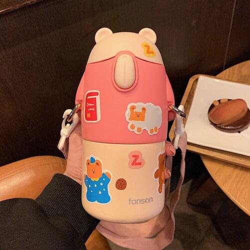 450ml Cartoon Strap Travel Portable Stainless Steel Vacuum Thermos Bottle Flask for Kid Children Student Boy Girl Creative Gifts