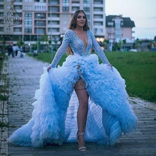 Arabic Deep V Neck Prom Dresses 2019 Sequins Beaded High Split Long Sleeve Evening Dress Tiered Skirt Formal Party Pageant Gowns