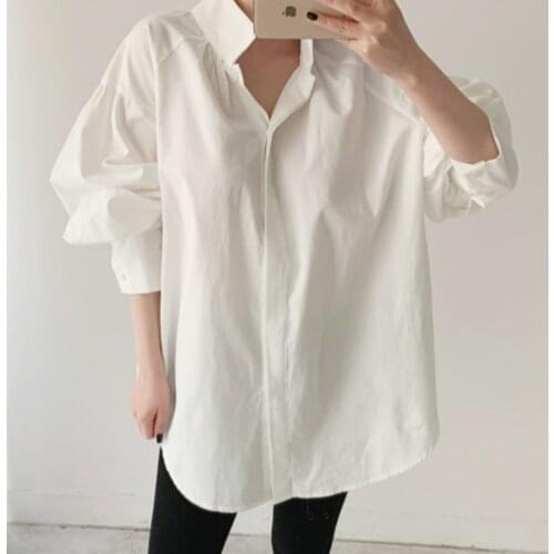 Plus Size Cotton White Blouse Women 2021 Puff Sleeve Top Blouses Women Casual Office Lady Solid Shirt Tops Female Blusas 13119
