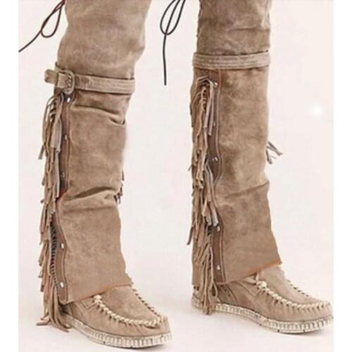 Fashion 2021 Bohemian Boho Over The Knee Boots Ethnic Women Tassel Fringe Faux Suede Leather Booties Girl Flat Long Botas Mujer
