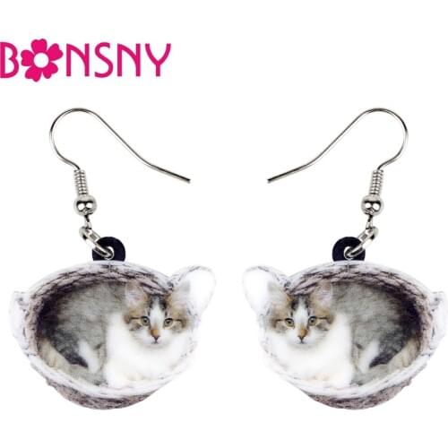 Bonsny Acrylic Sweet Grey Kitten Cat Basket Earrings Big Long Dangle Drop Animal Jewelry For Women Girl Teen Gift Charms Brincos