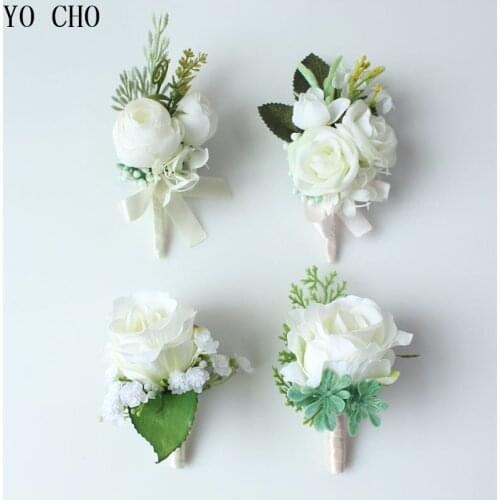 YO CHO Artificial Silk Rose Flower White Groom Boutonniere Bride Wrist Corsage Men Women Wedding Flower Prom Party Decorations