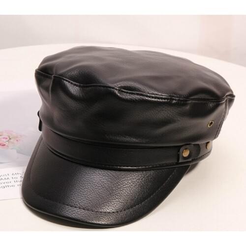 H737 Military Navy Hat Female Autumn Winter Korean PU Leather Black Cap Girl British Vintage Simple Outdoor Shopping Casual Caps