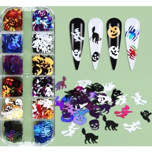 Halloween Witch Skull Spider Cat Ghost Nail Art Sequins Holographic Jack-o-lantern Flake Kit Holiday Nails Accessories RK140171