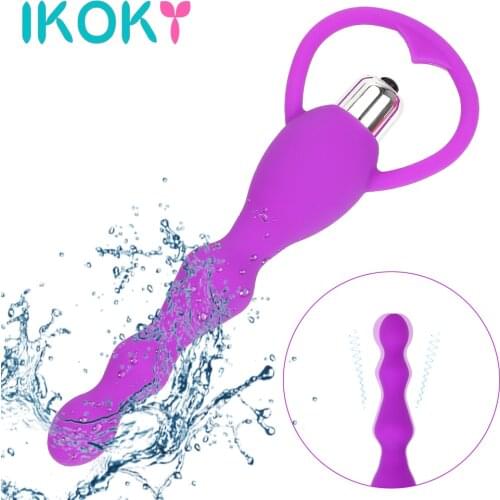 IKOKY Vibrating Anal Plug Prostate Massage Soft Anal Beads Vibrator Sex Toys for Couples Gay Butt Plug Silicone Adult Products