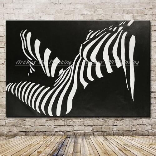 Arthyx Abstract Black And White Stripes Oil Paintings On Canvas Hand Made Modern Naked Woman Wall Art For Living Room Home Decor