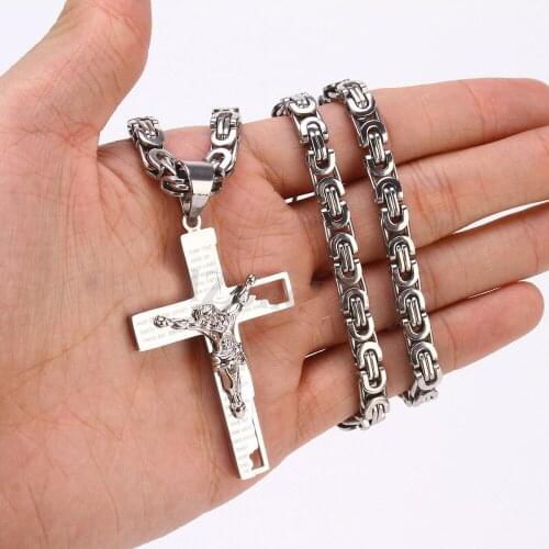 Classic Religious Mens Silver Stainless Steel Jesus Christ Bible Cross Pendant Byzantine Necklace 18"-30"