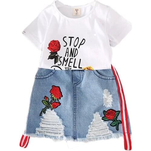 Girls Sets 2019 Summer Rose Print T-shirt + Denim Skirt Childrens Casual Fashion 2pcs Clothes Kids Costumes Suit 3-10Y Clothing