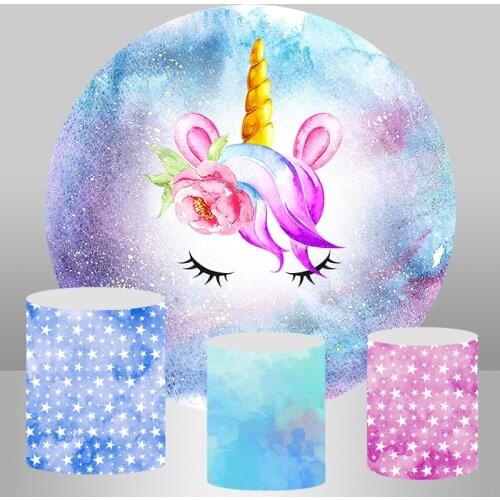 Circle Background Watercolor Unicorn Birthday Round Backdrop little stars Baby Shower Kids Birthday Party decor table cover