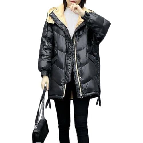 Glossy Down Cotton Jacket Women 2021 New Long Padded Jacket Loose Plus Size Casual Hooded Parka Overcoat Winter Cotton Outerwear