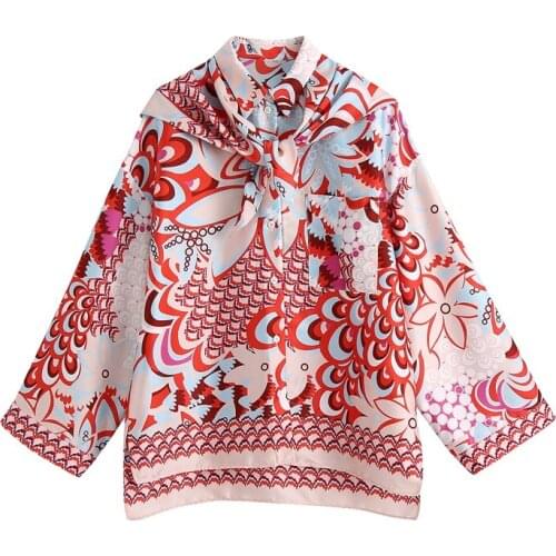 MESTTRAF Women 2021 Fashion With Scarf Printed Loose Asymmetric Blouses Vintage Long sleeve Sleep Side Vents Shirts