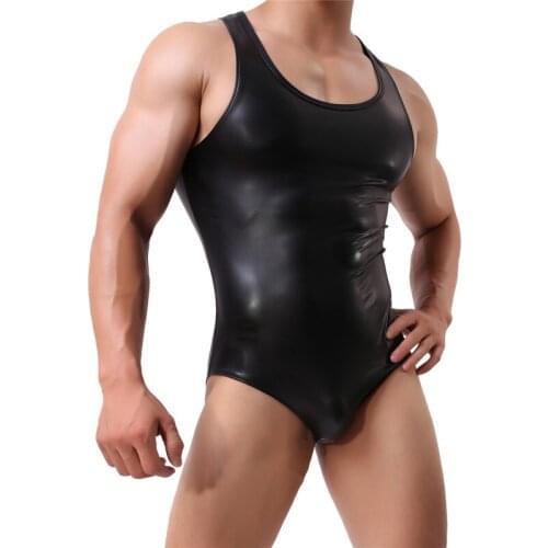 Men Sexy Bodysuits PU Leather Stretch Erotic Jumpsuits Gay Sex Lingerie One-Piece Bodysuits Male Clubwear Costume Undershirts