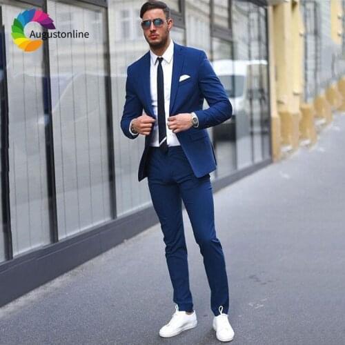 2019 Slim Fit Navy Blue Men Suits for Business Casual Groom Tuxedos Custom Made Male Blazers Jacket Pants 2 Pieces Costume Homme