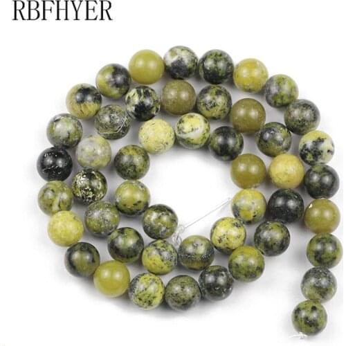 RBFHYER Natural Stone Beads Loose Round Grass Yellowstone Beads For Jewelry Making DIY Charm Bracelet Necklace Handmade 4-12mm