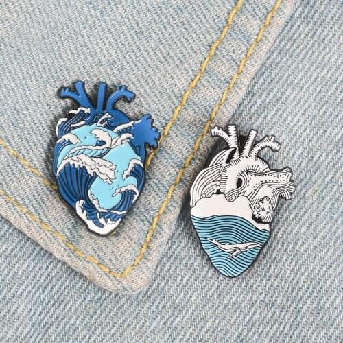New fashion creative marine theme cartoon animal ocean whale heart wave enamel pin creative green lapel clothes brooch